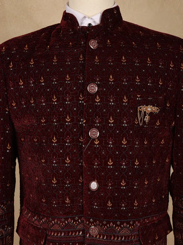 Burgundy Geometric And Floral Motif Embroidered Velvet Men's Suit - Diadem