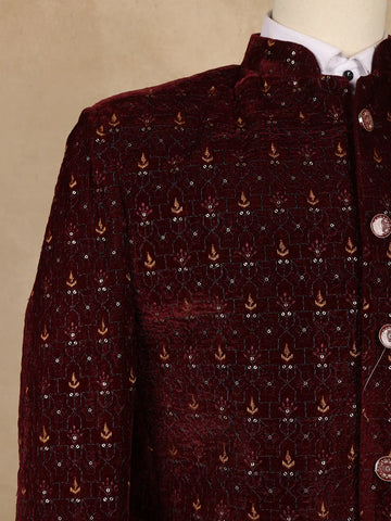 Burgundy Geometric And Floral Motif Embroidered Velvet Men's Suit - Diadem