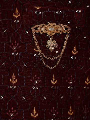 Burgundy Geometric And Floral Motif Embroidered Velvet Men's Suit - Diadem