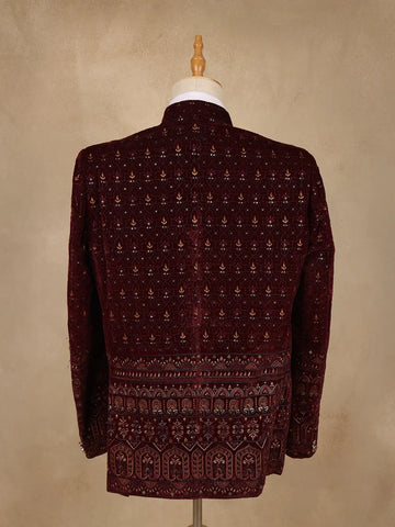 Burgundy Geometric And Floral Motif Embroidered Velvet Men's Suit - Diadem