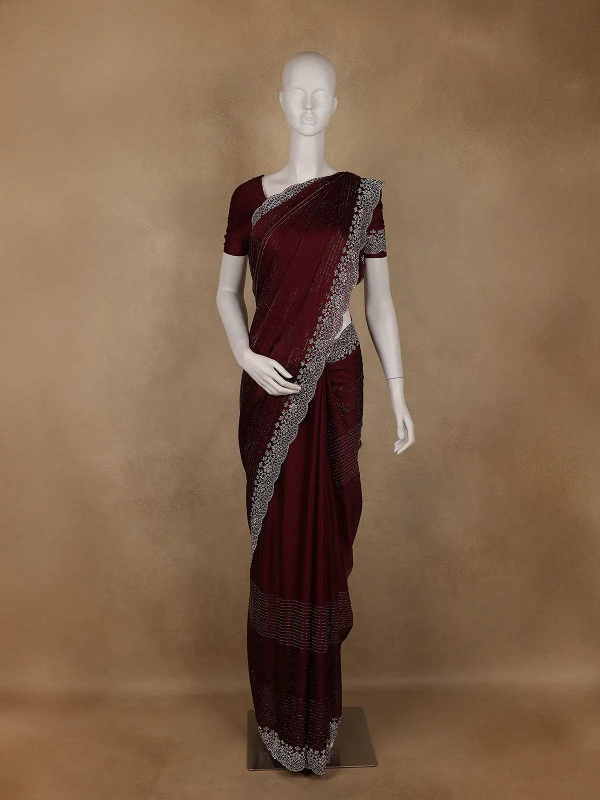 Burgundy Stone Embellished Satin Saree With Scalloped Border - Diadem
