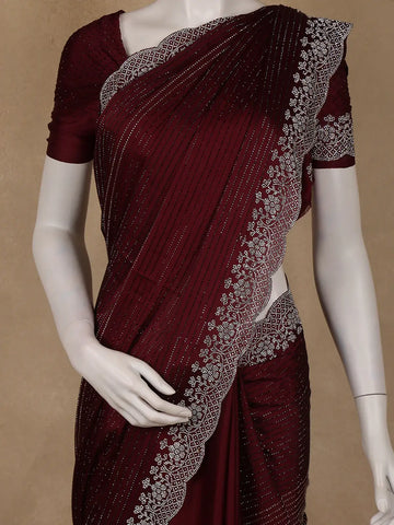 Burgundy Stone Embellished Satin Saree With Scalloped Border - Diadem