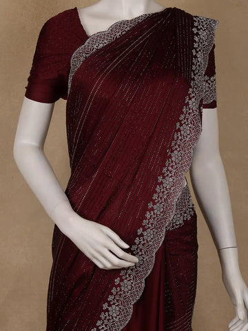 Burgundy Stone Embellished Satin Saree With Scalloped Border - Diadem