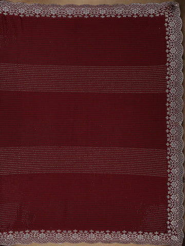 Burgundy Stone Embellished Satin Saree With Scalloped Border - Diadem
