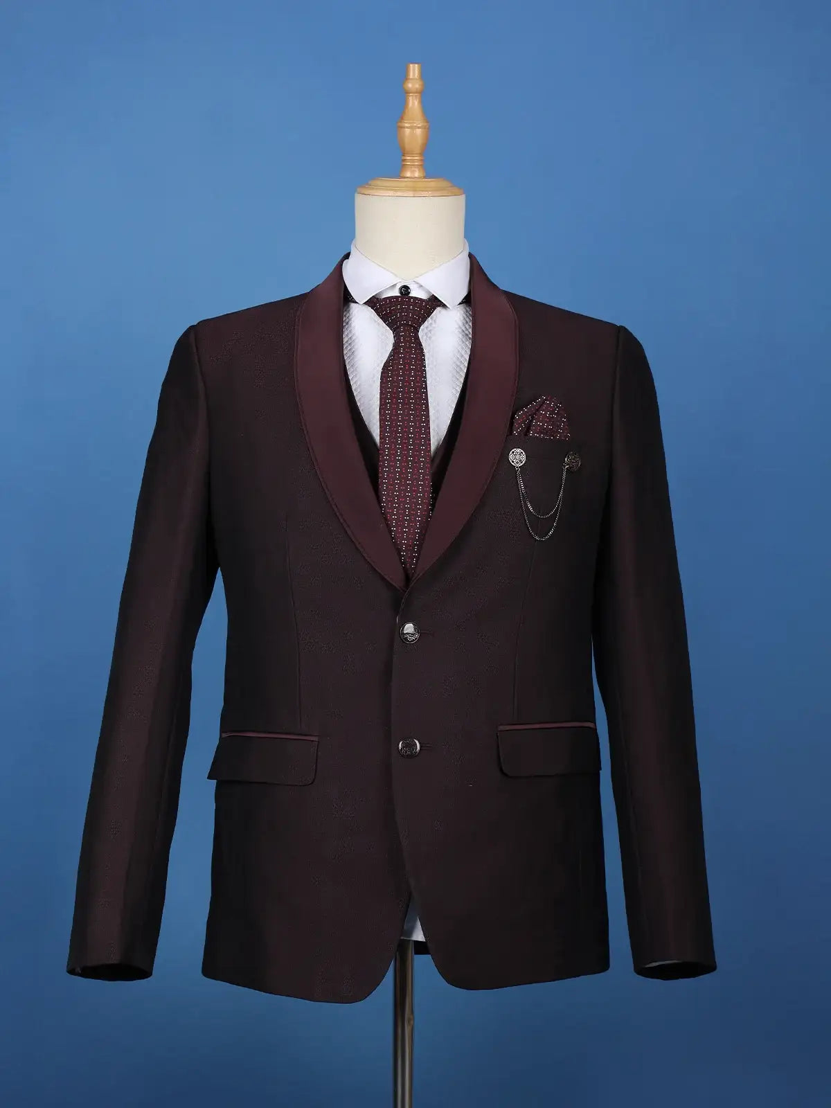 Burgundy Textured Solid Polyester Men's Suit with Pocket Chain Detailing - Diadem