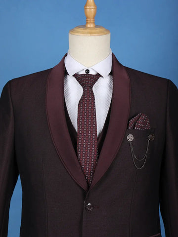 Burgundy Textured Solid Polyester Men's Suit with Pocket Chain Detailing - Diadem