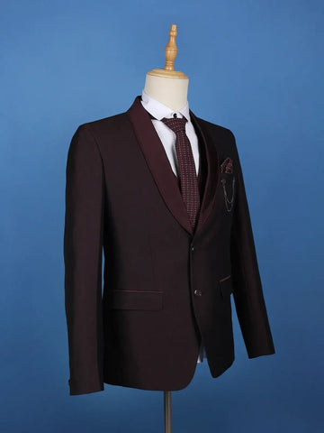 Burgundy Textured Solid Polyester Men's Suit with Pocket Chain Detailing - Diadem