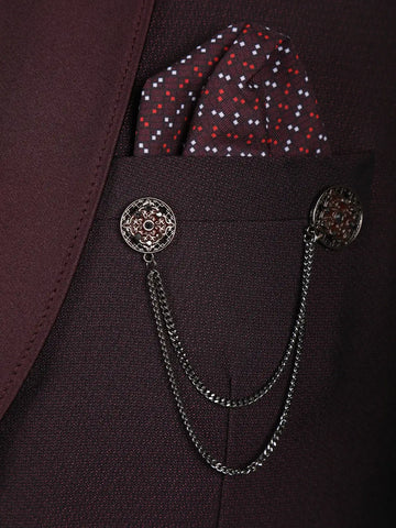 Burgundy Textured Solid Polyester Men's Suit with Pocket Chain Detailing - Diadem