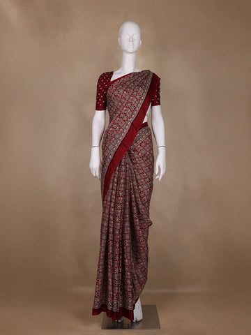 Burgundy Ajrak Print Mul Mul Cotton Saree - Diadem
