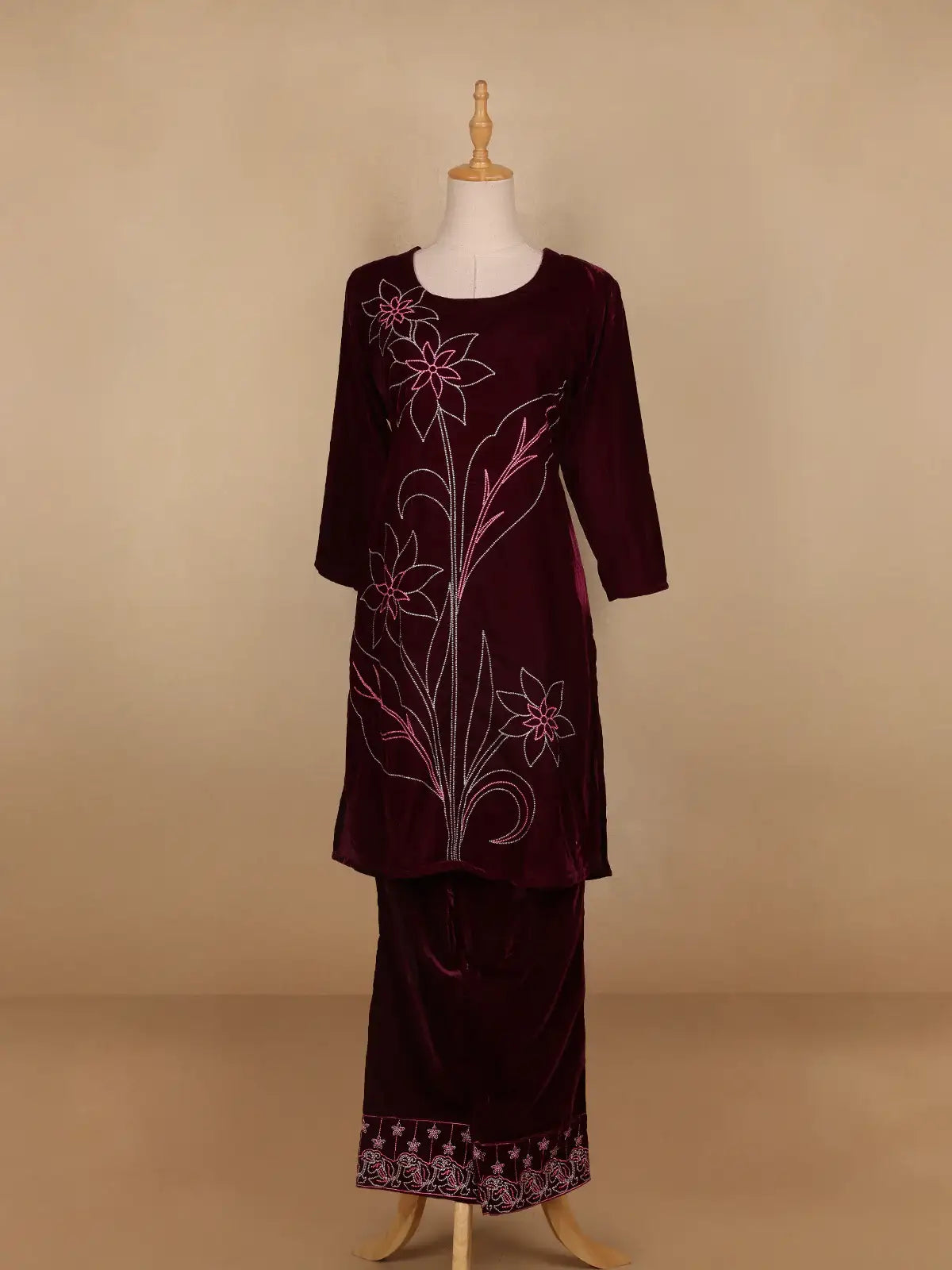 Burgundy Floral Designed Velvet Co Ord Salwar Suit - Diadem