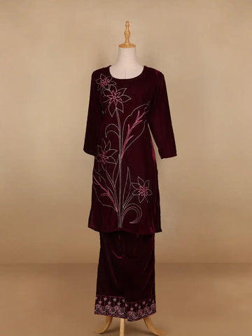 Burgundy Floral Designed Velvet Co Ord Salwar Suit - Diadem