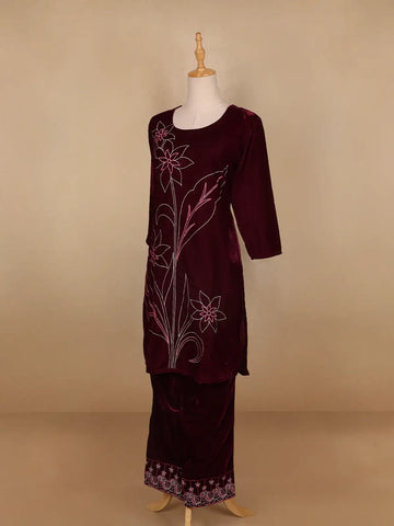 Burgundy Floral Designed Velvet Co Ord Salwar Suit - Diadem