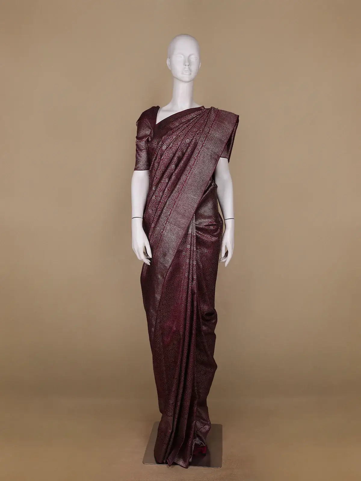 Burgundy Floral Woven Pure Kanchipuram Silk Saree - Diadem