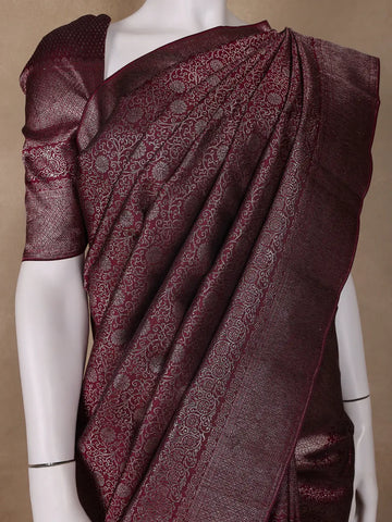 Burgundy Floral Woven Pure Kanchipuram Silk Saree - Diadem