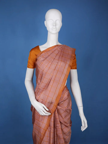 Burnt Orange Checked Design Woven Silk Saree - Diadem