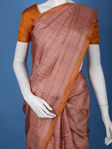 Burnt Orange Checked Design Woven Silk Saree - Diadem