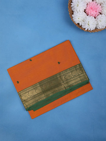 Burnt Orange Scattered Green Motifs Cotton Saree - Diadem