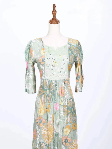 Light Green Kurti Adorned with Floral Prints and Thread work - Diadem