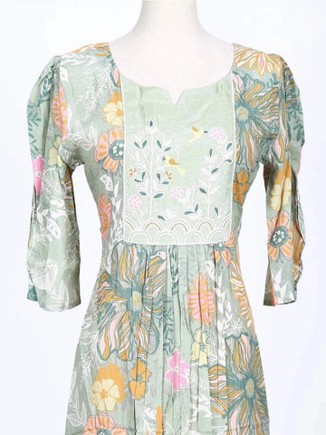 Light Green Kurti Adorned with Floral Prints and Thread work - Diadem