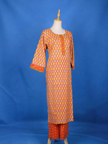 Orange Straight Cut Salwar Suit Adorned with Diamond Patterns, With U-Neck and 3/4 Sleeve - Diadem