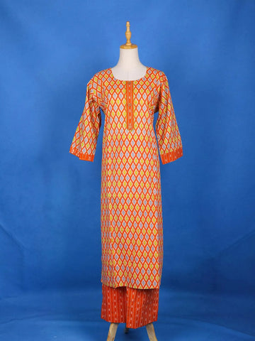 Orange Straight Cut Salwar Suit Adorned with Diamond Patterns, With U-Neck and 3/4 Sleeve - Diadem