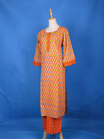 Orange Straight Cut Salwar Suit Adorned with Diamond Patterns, With U-Neck and 3/4 Sleeve - Diadem