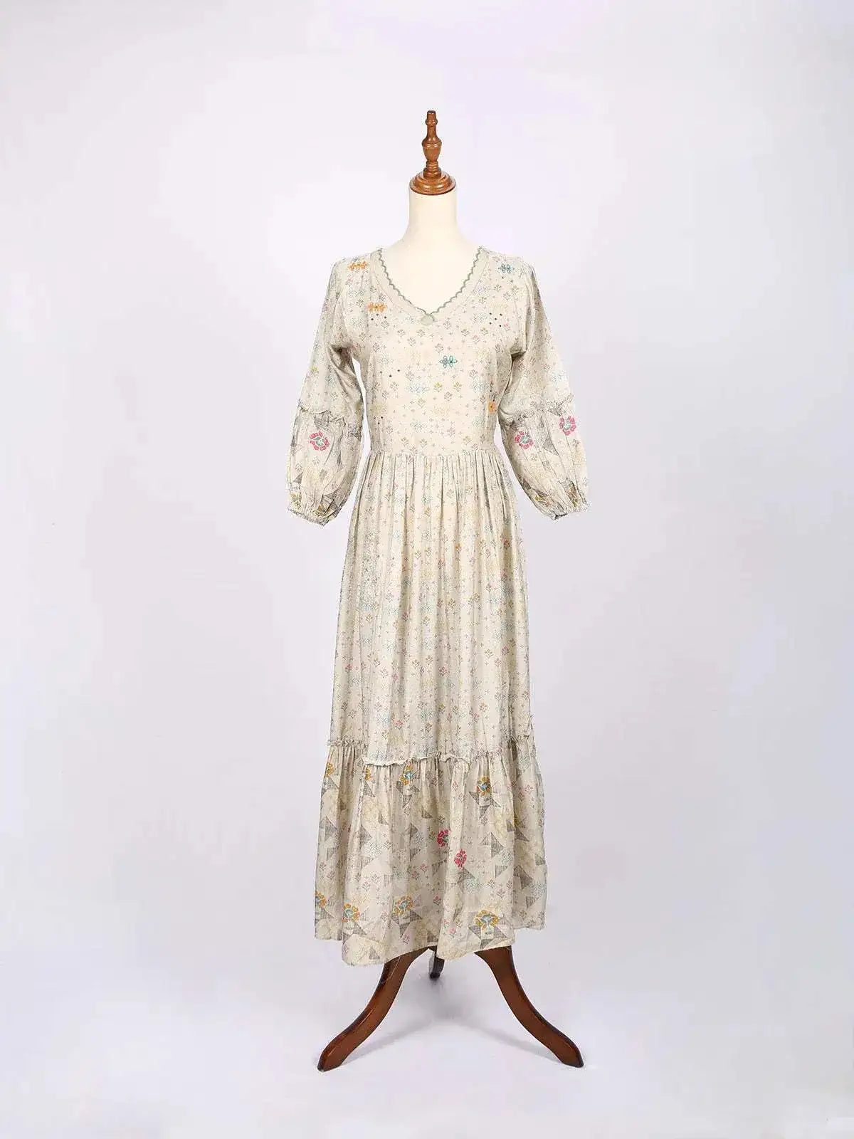 Beige Maxi Dress Adorned with Floral Prints - Diadem