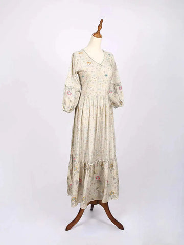 Beige Maxi Dress Adorned with Floral Prints - Diadem