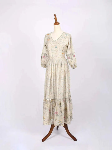 Beige Maxi Dress Adorned with Floral Prints - Diadem