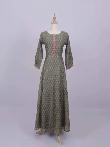 Olive Green Cotton Long Kurti Top Adorned with Flower Design without Dupatta - Diadem