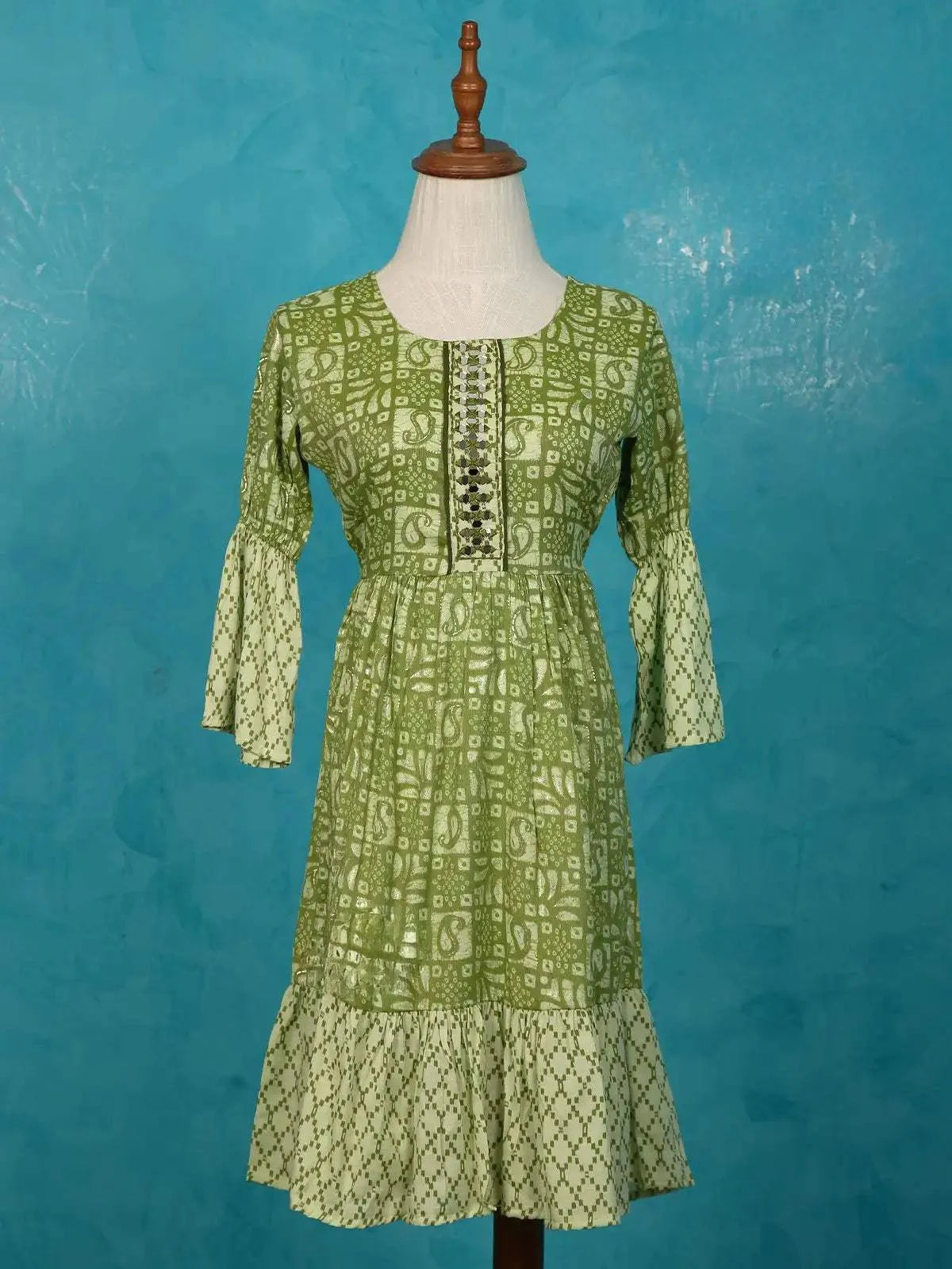 Pista Green Cotton Kurti Adorned with Paisley Prints and Mirror work - Diadem