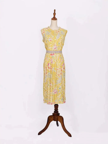 Yellow Kurti Enhanced with Floral Prints paired with Waist Belt - Diadem