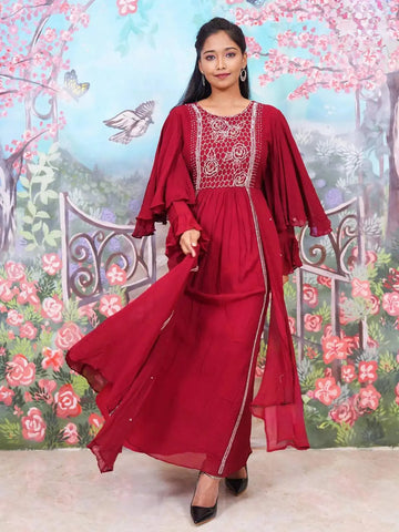 Deep Red Honeycomb and Floral Embroidery Ruffle Sleeve Kurti - Diadem