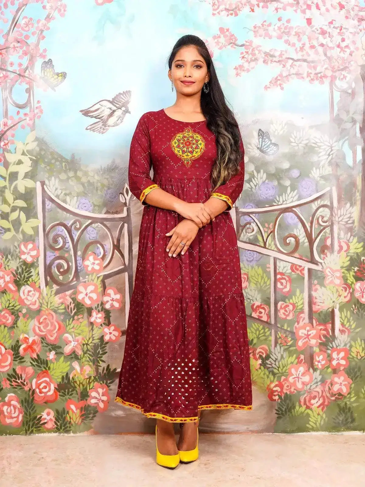 Brick Red Round Motif Embroidery Elbow Sleeve Anarkali Kurti - Diadem