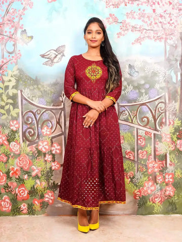 Brick Red Round Motif Embroidery Elbow Sleeve Anarkali Kurti - Diadem