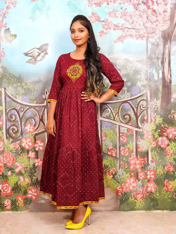 Brick Red Round Motif Embroidery Elbow Sleeve Anarkali Kurti - Diadem
