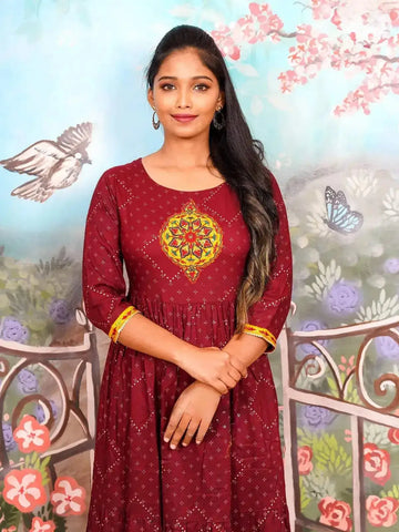Brick Red Round Motif Embroidery Elbow Sleeve Anarkali Kurti - Diadem
