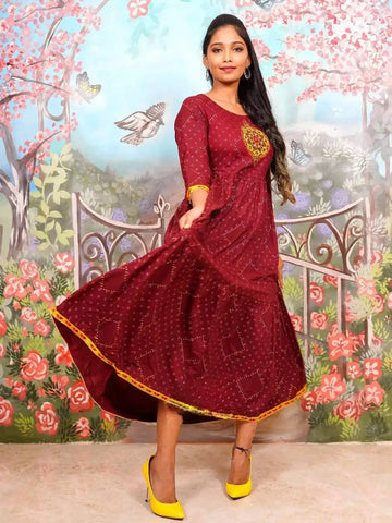 Brick Red Round Motif Embroidery Elbow Sleeve Anarkali Kurti - Diadem
