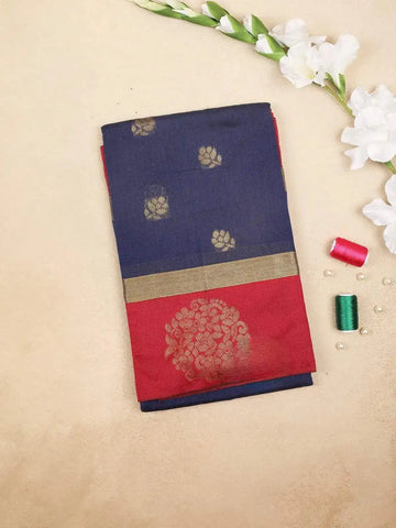 Blue Silk Cotton Saree with Flower Motif on the Body with Contrast Designed Border - Diadem