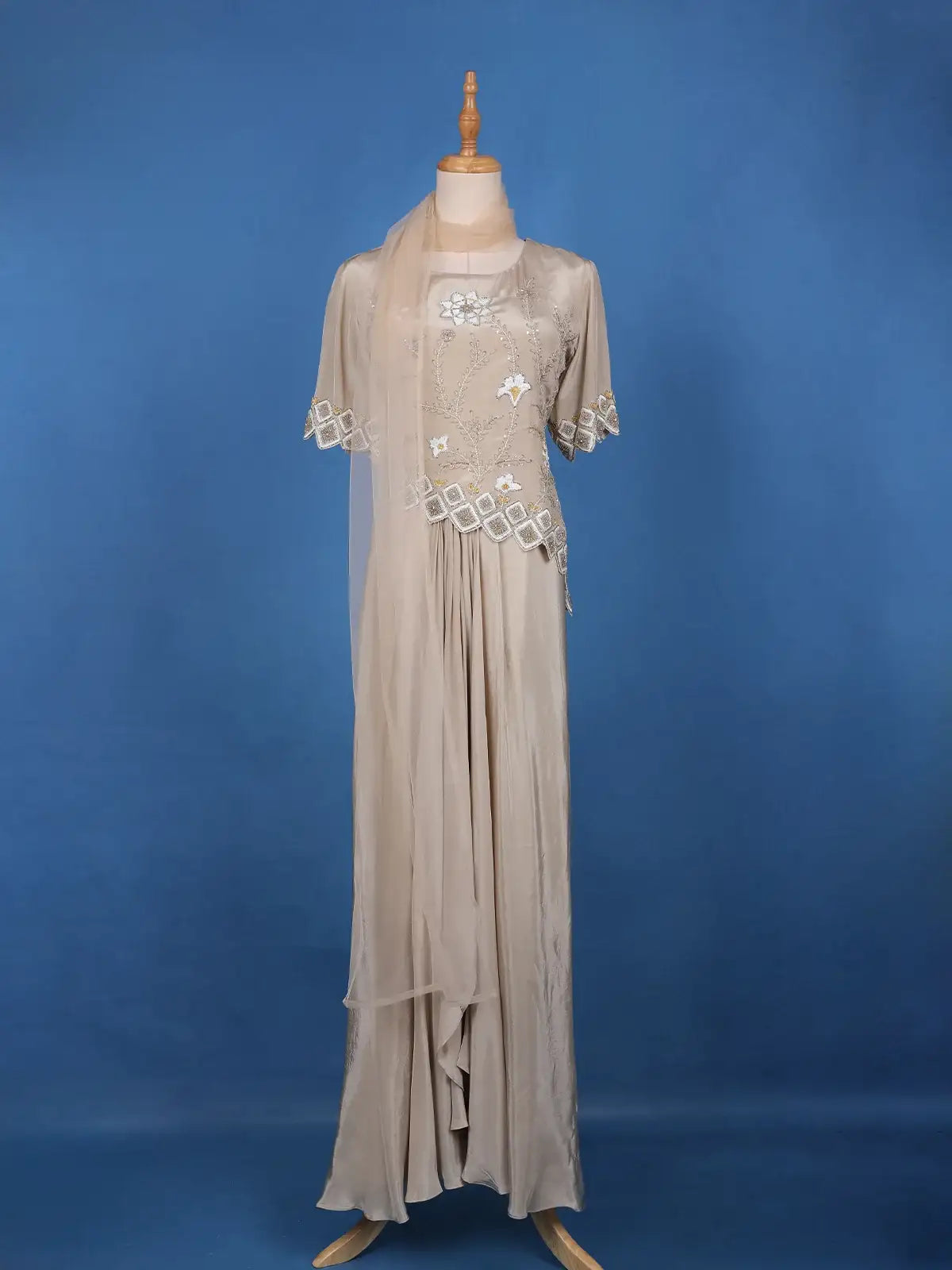 Champagne Beige Floral Sequins Embellished Crepe Skirt - Diadem