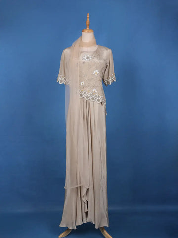 Champagne Beige Floral Sequins Embellished Crepe Skirt - Diadem