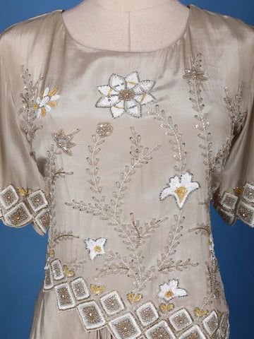 Champagne Beige Floral Sequins Embellished Crepe Skirt - Diadem