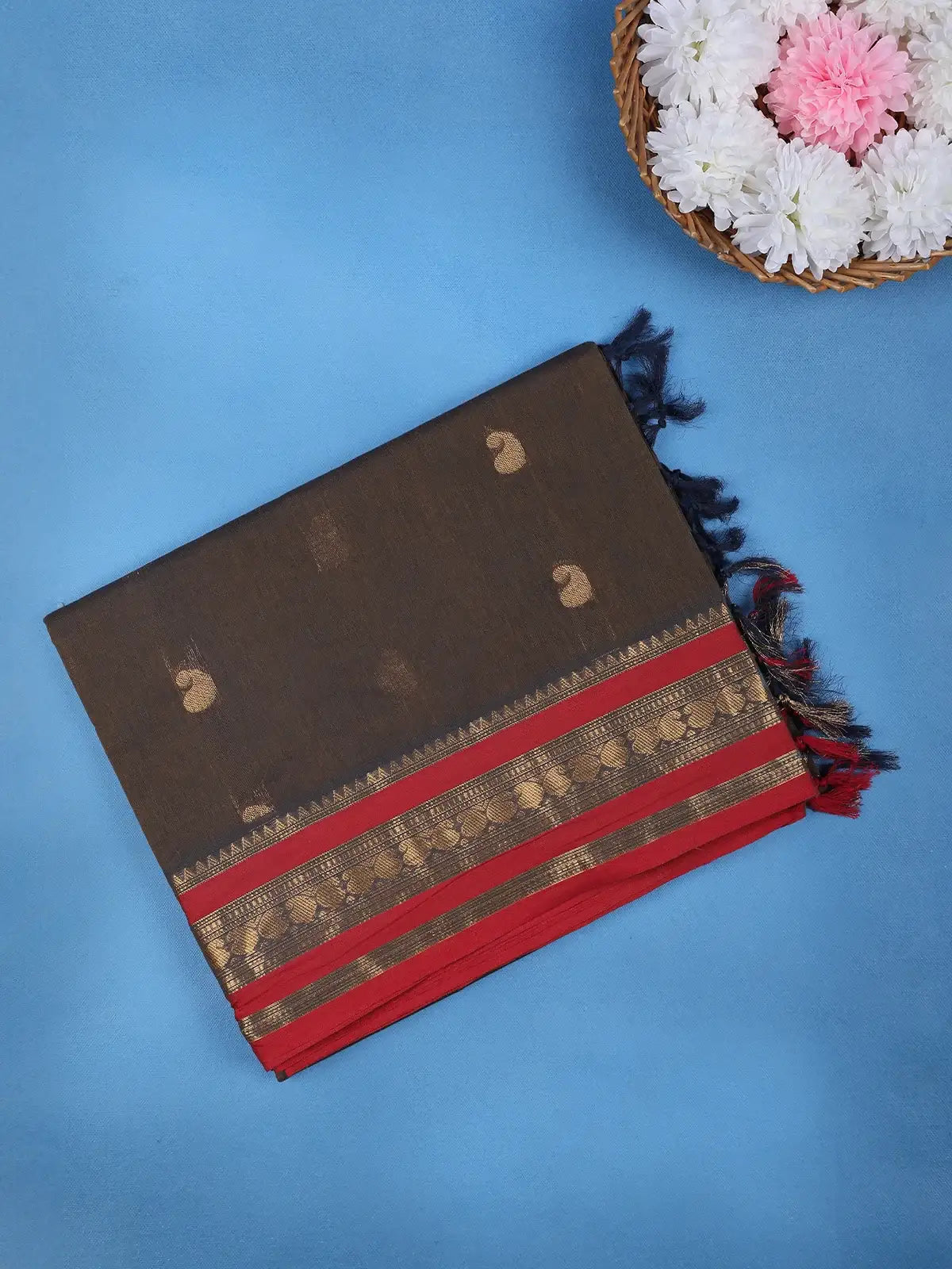 Charcoal Black Paisley Design Cotton Saree - Diadem