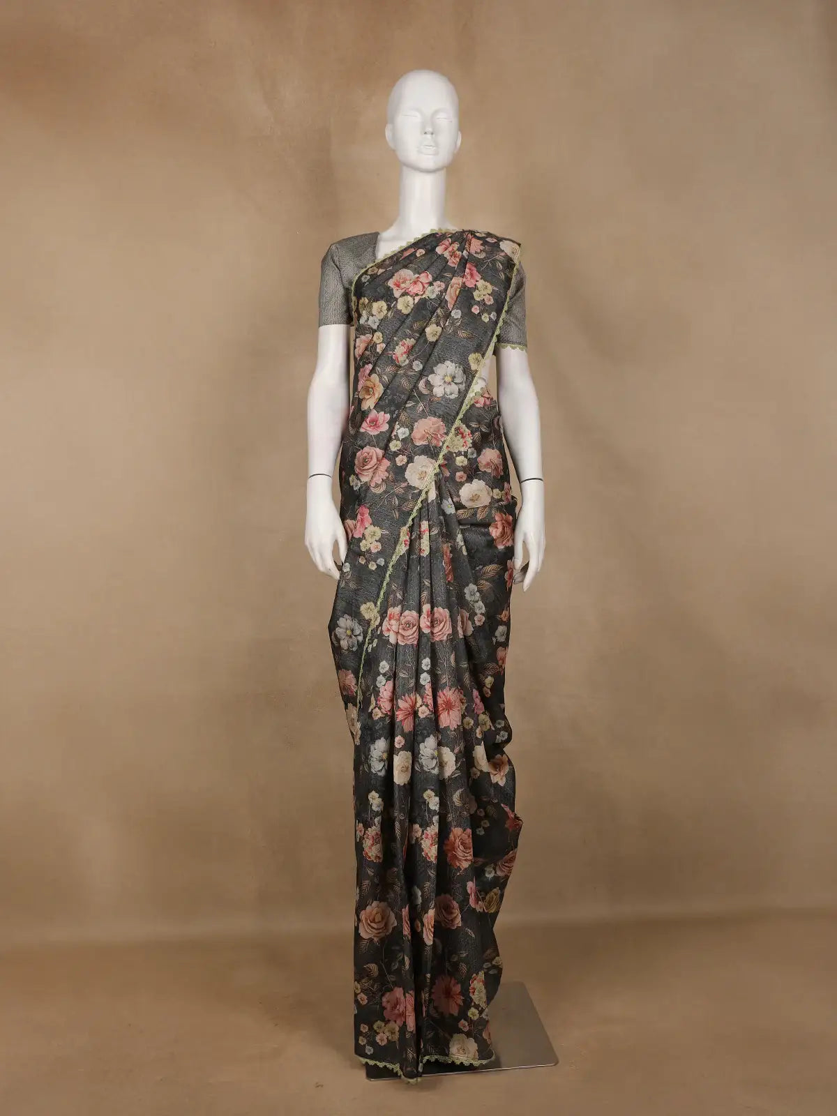 Charcoal Grey Floral Printed Tussar Silk Saree - Diadem