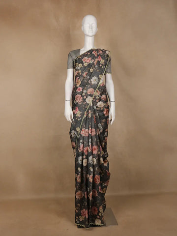 Charcoal Grey Floral Printed Tussar Silk Saree - Diadem