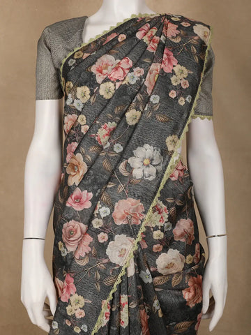 Charcoal Grey Floral Printed Tussar Silk Saree - Diadem