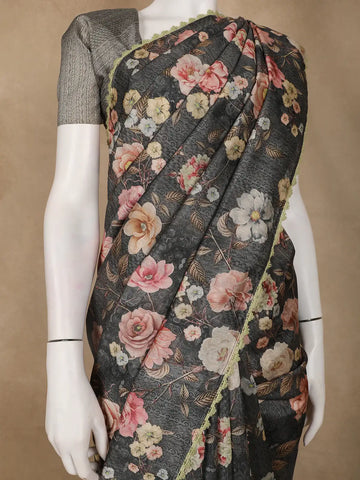 Charcoal Grey Floral Printed Tussar Silk Saree - Diadem