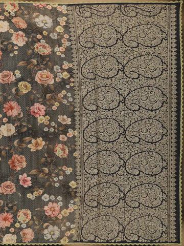 Charcoal Grey Floral Printed Tussar Silk Saree - Diadem