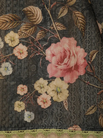 Charcoal Grey Floral Printed Tussar Silk Saree - Diadem