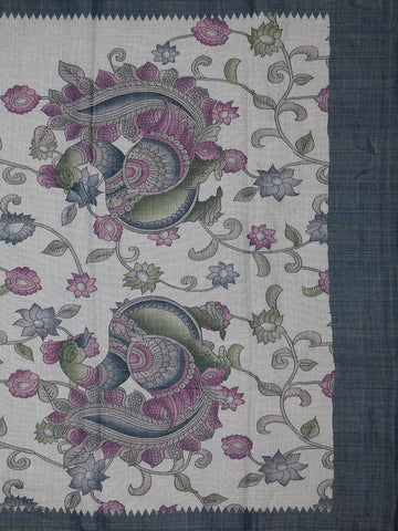 Charcoal Grey Kalamkari Inspired Floral Printed Cotton Saree - Diadem